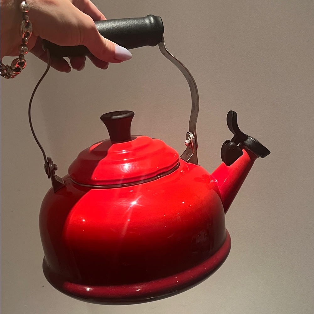 Classic Red Le Creuset Tea Kettle with Black Handle